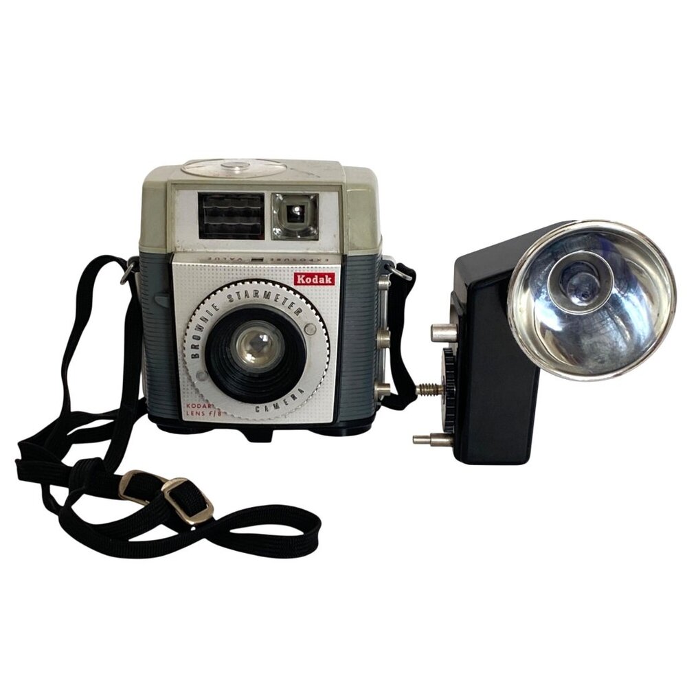 Kodak Brownie Starmeter Camera With Flash Attachment and Carry Strap 1960s Vtg